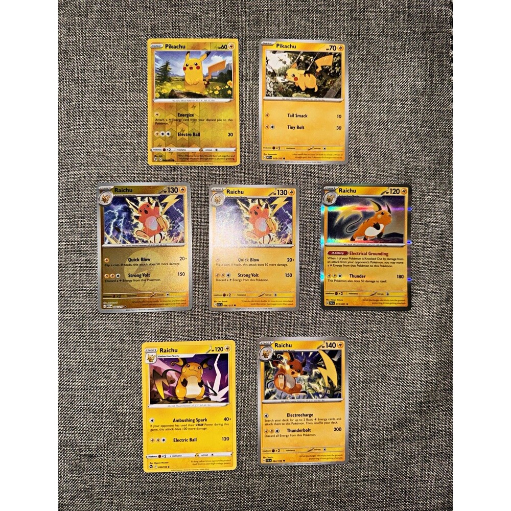 Pikachu & Raichu Pokemon 7 Card Lot - 3x REVERSE HOLO (Evolving Skies, Paldean)